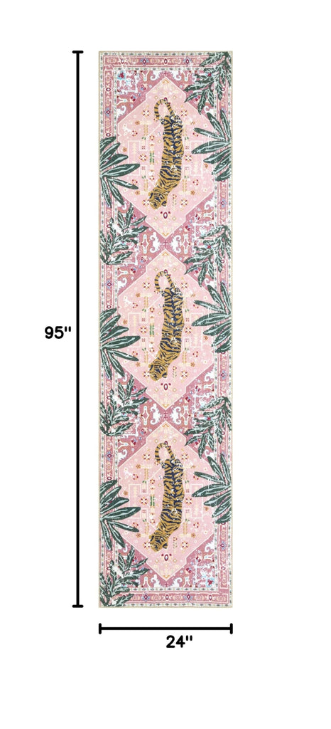 Oriental Tropical Hallway Runner Rug Washable, Thin Stain Resistant Pink Boho Runner Rug Kitchen Bedroom Laundry