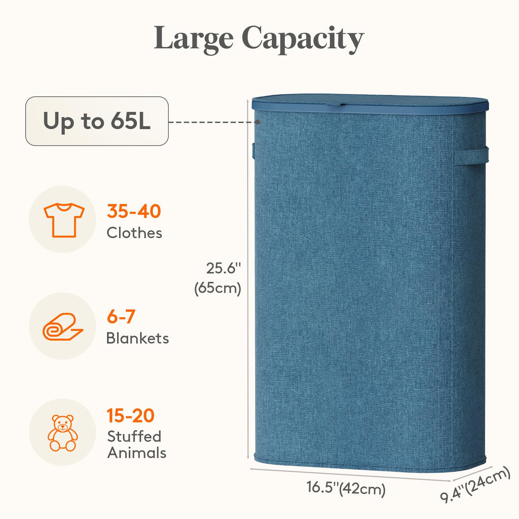 Slim Laundry Basket with Lid and Removable Bag, 65L, Dark Blue