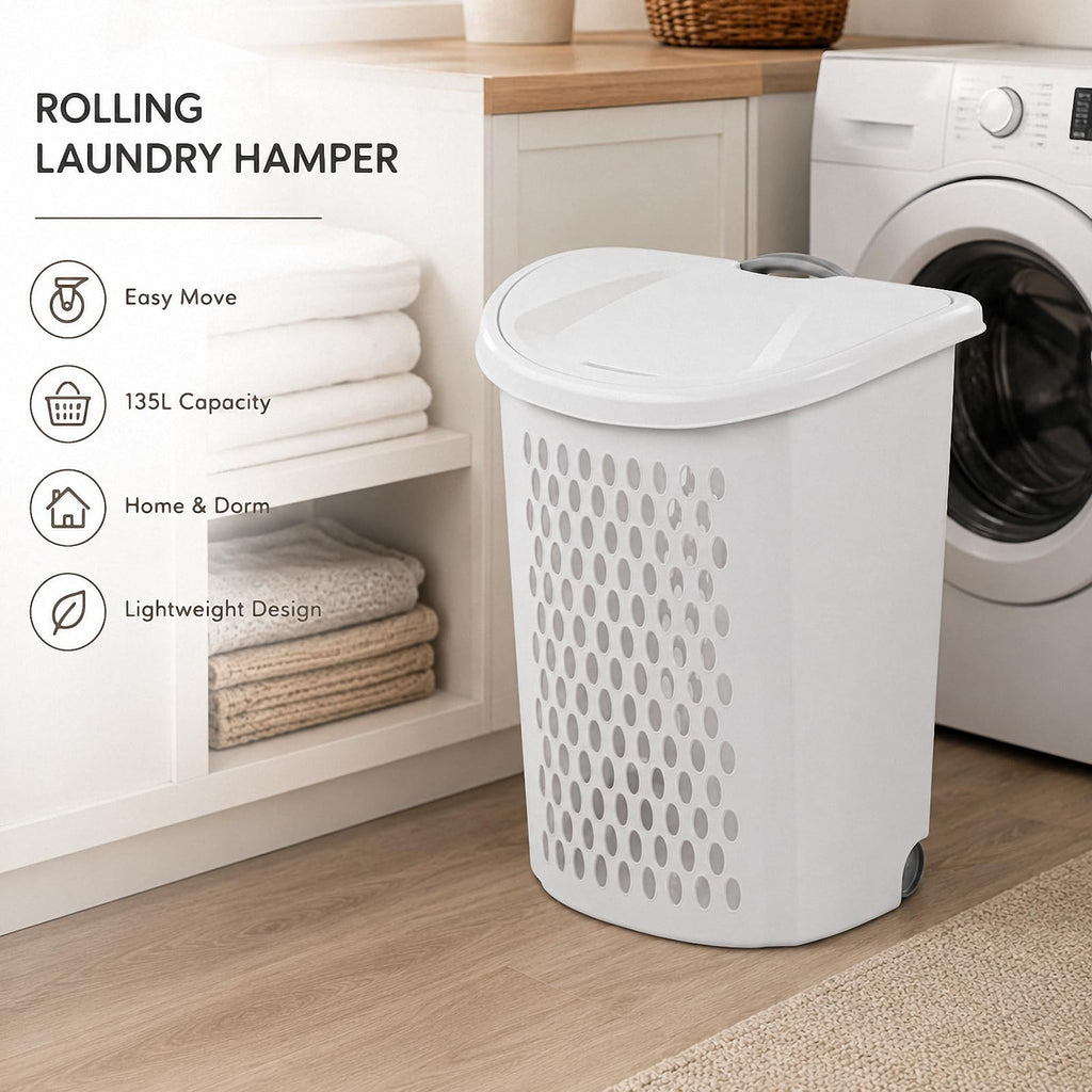 135L Wheeled Plastic Laundry Hamper, Ultra Wheeled Clothes Laundry Basket