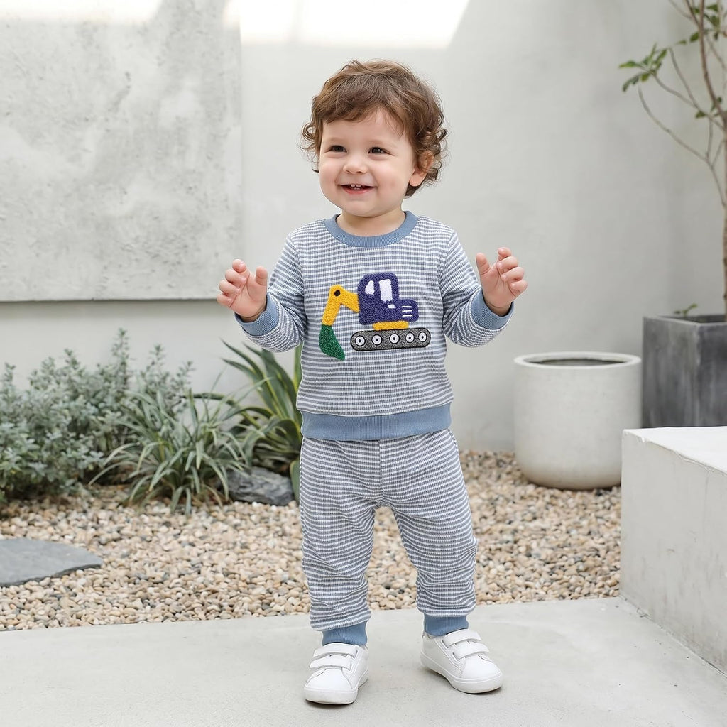 Fall Baby Boy Outfit Excavator Long Sleeve Sweatshirt Pullover Top Pants Toddler Waffle Knit Clothes