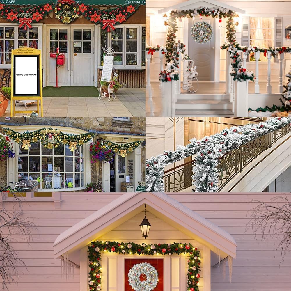 Christmas Garland with Lights, Cedar Xmas Holiday Decoration Snow Flocked Artificial Garland with Pinecones Berries