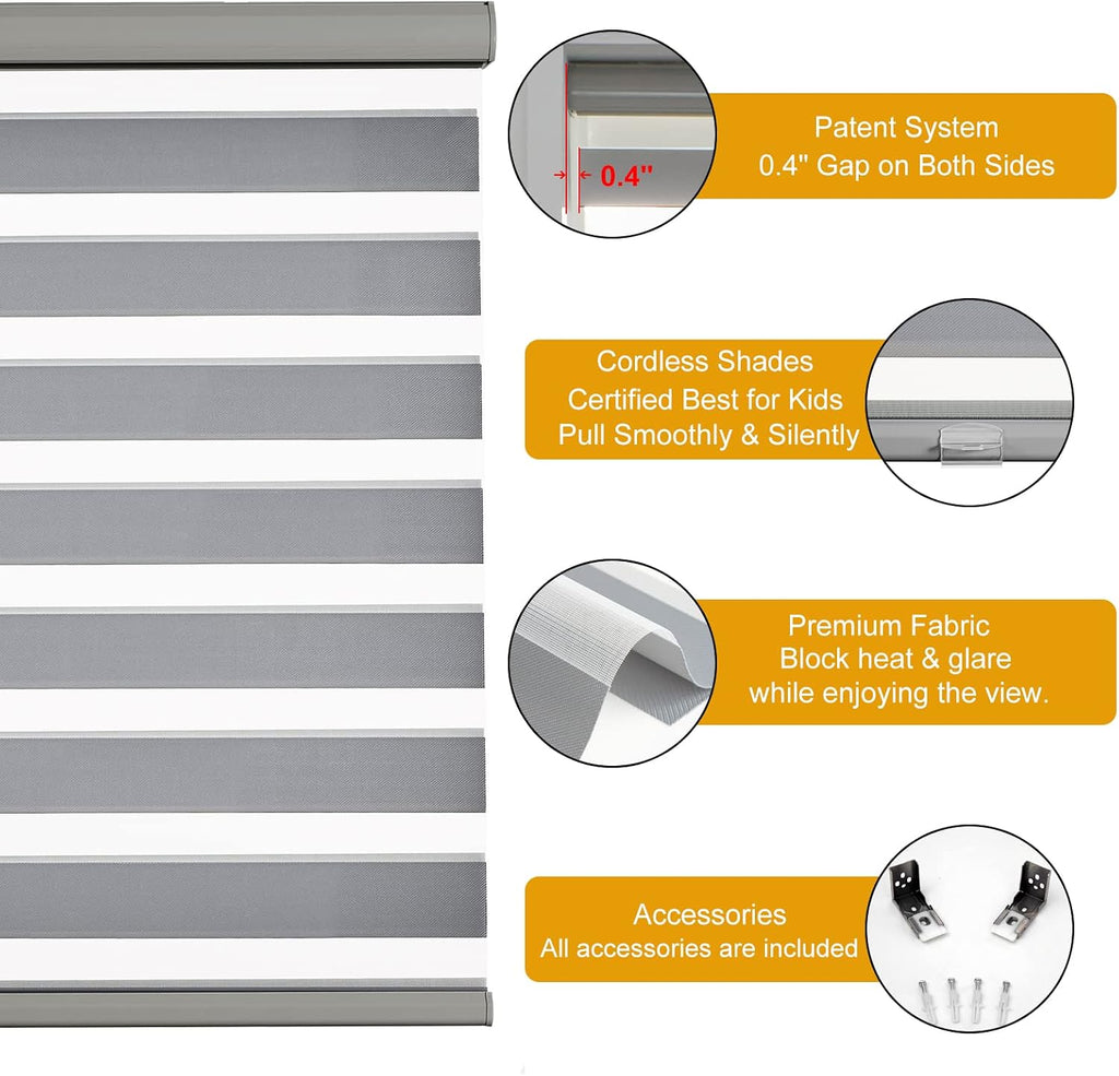 Cordless Zebra Shades (27" W X 64" H, Grey) Free-Stop Window Shades Dual Layer Light Control for Day and Night, Light