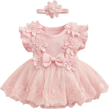 Infant Baby Girl Lace Romper Baby Tulle Dress Romper Flowers Bodysuit Spring Summer Festival Clothes with Headband