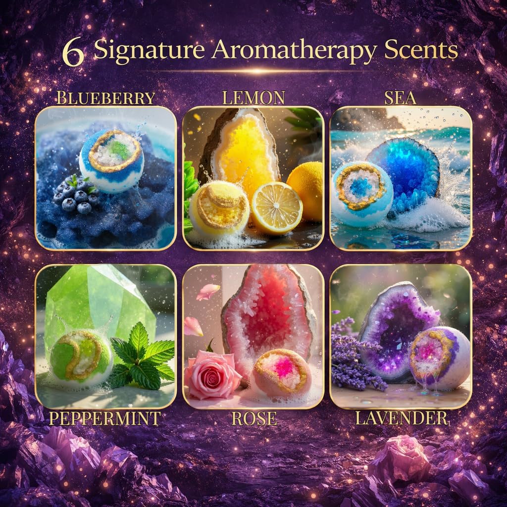 Luxury Bath Bomb Gift Set, 6 Large 3.35 oz Crystal Geode Bath Bombs, Scented Spa Fizzers in a Premium Magnetic Gift