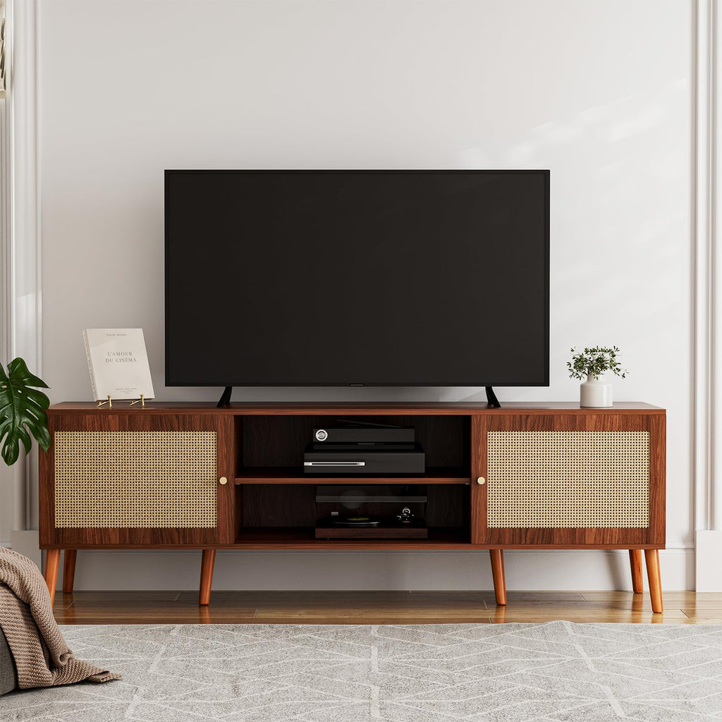 TV Stand with Rattan Doors for TVs up to 65", Mid-Century, Walnut
