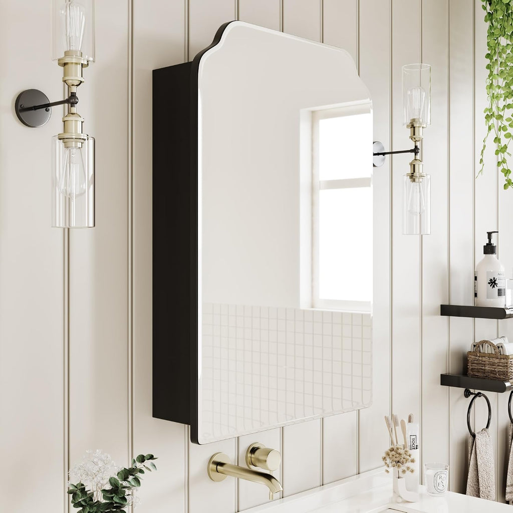 Recessed Medicine Cabinet with Arched Mirror, Overall 17.5"x29" | Bathroom Wood Black Wall Cabinet with Mirror