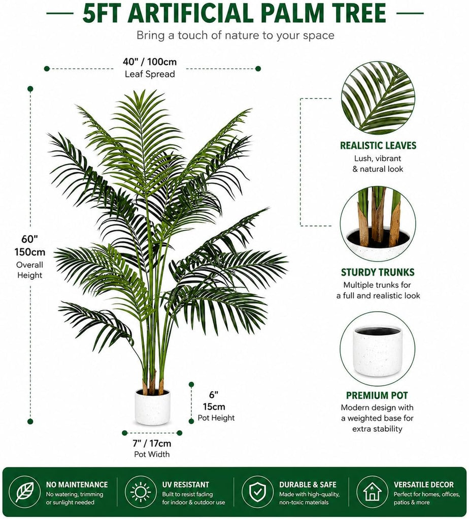 5ft Artificial Palm Tree - Realistic Fake Palm Tree Decor - Large Tropical Faux Palm Tree, Low Maintenance Artificial
