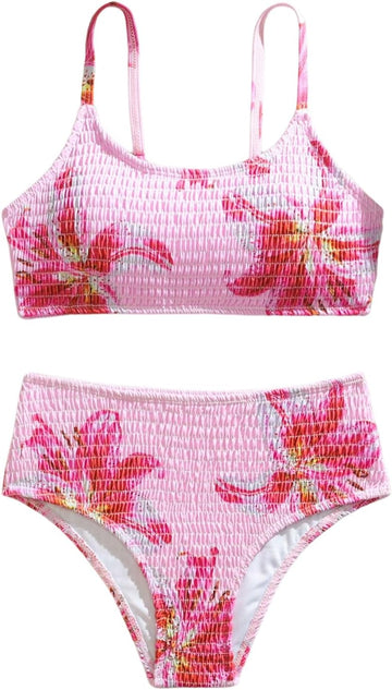 Girl's 2 Piece Floral High Waisted Swimsuit Smocked Bathing Suit