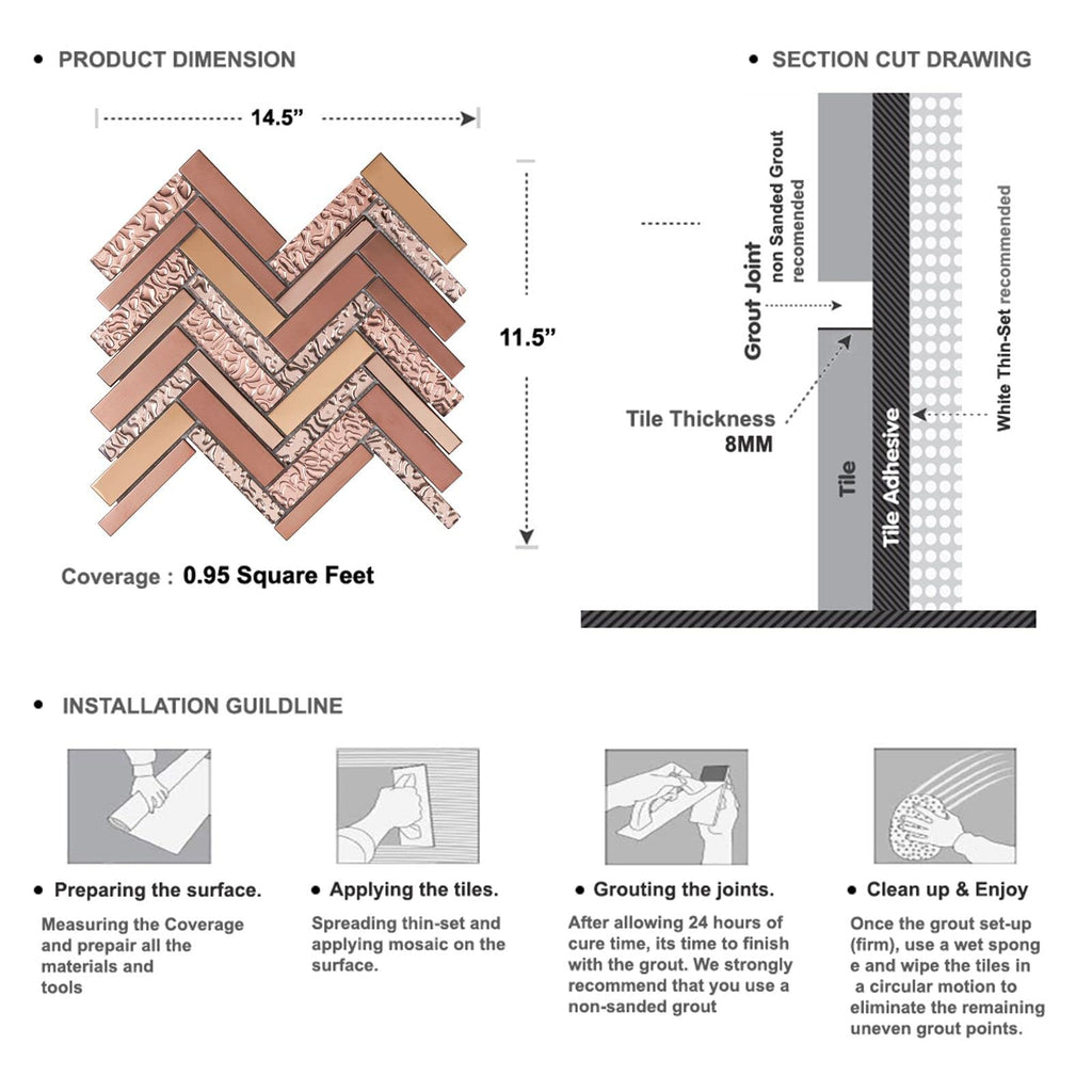 Herringbone Rose Gold Copper Stainless Steel Blended Glass Metal Mosaic Tile Mesh Mounted Backsplash