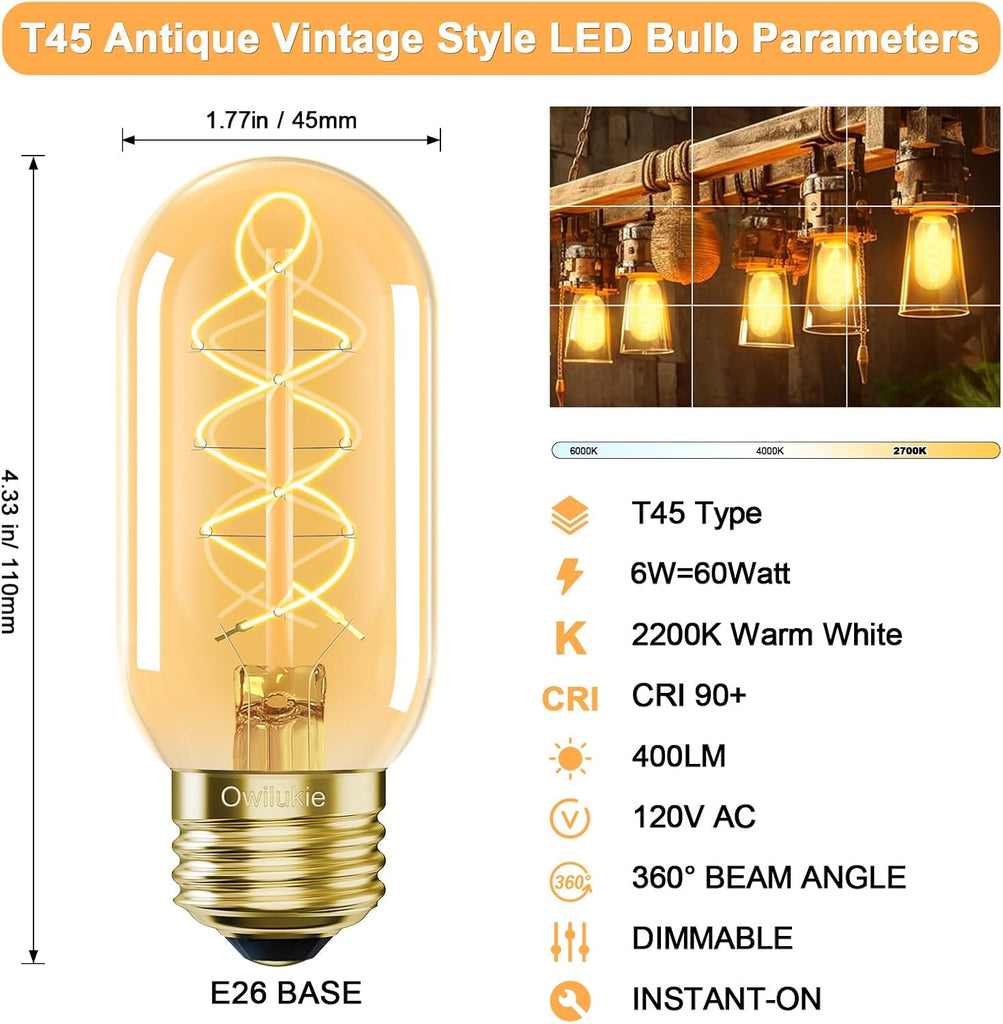 E26 LED Bulb 6W Equivalent 60 watt,Vintage Edison Bulbs,Warm White 2200K Amber E26 Edison Bulb dimmable,Tubular T14