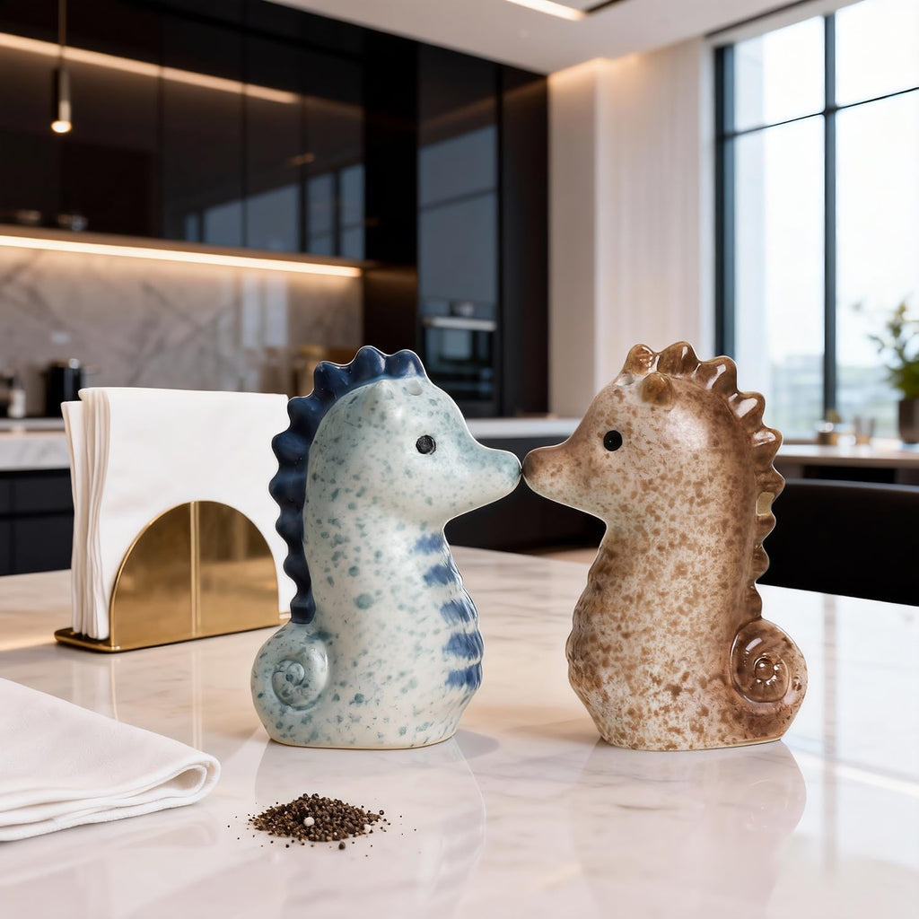 Ceramic Cute Sea Horse Salt & Pepper Shakers Set, Hand-Painted Sea Animals Salt and Pepper Shakers, Set - Set of 2