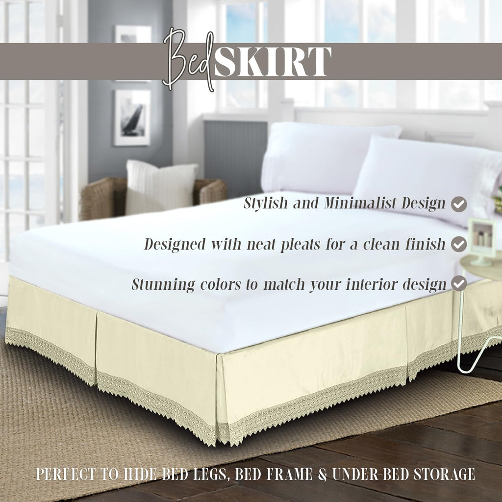 Narina Collection Lace Bed Skirt 15inch Drop, 1500 Thread Count Egyptian Quality, Sophisticated Design for a Vintage