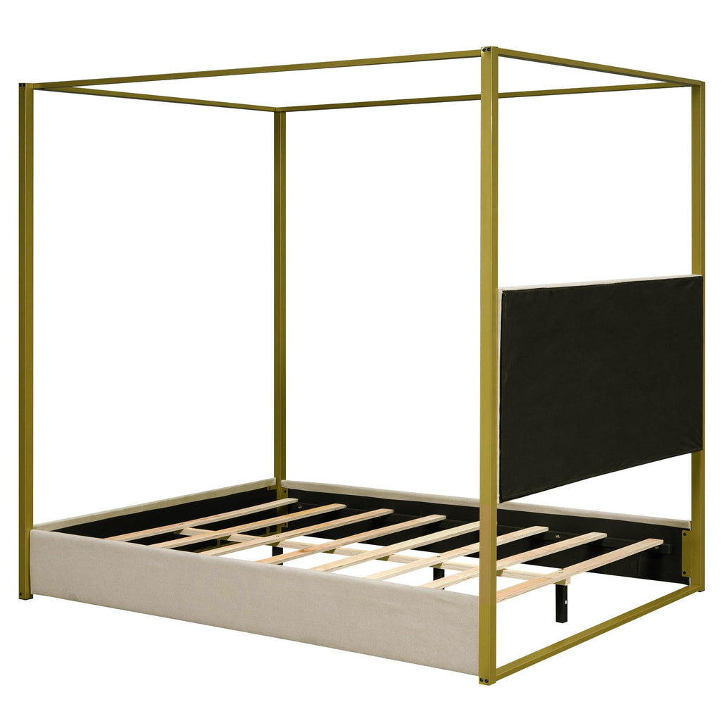Modern 4-Poster Canopy Platform Bed Queen Size with Channel Upholstery Tufted Headboard, Gold Metal Canopied Design