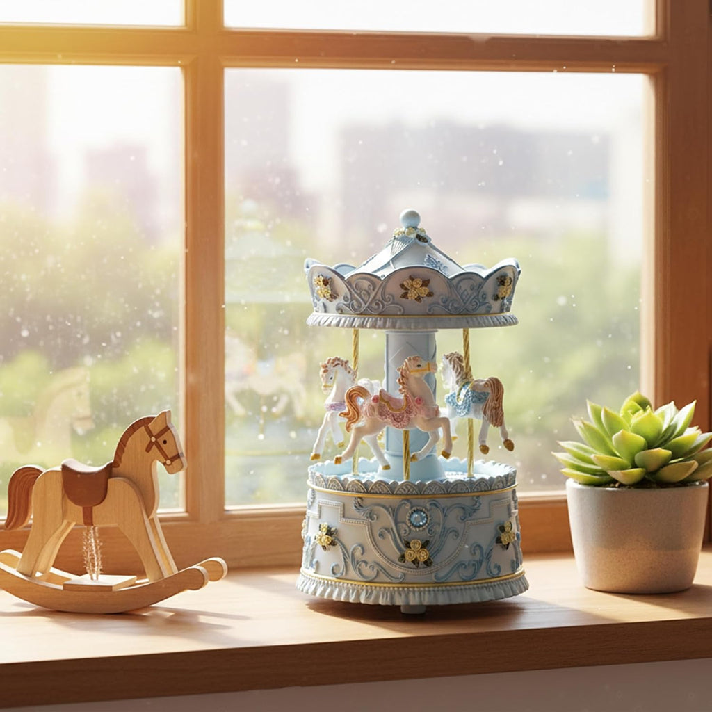 Lighted Rotating Carousel Music Box, Wind Up Musical Merry-Go-Round Figurine, Hand Painted Vintage Blue Collectible