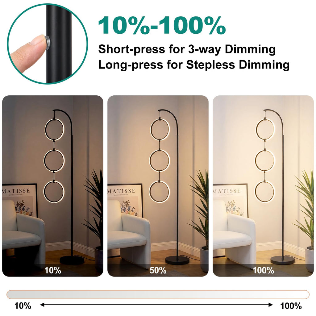 Black 3-Light LED Floor Lamp, Modern Arc Floor Lamp