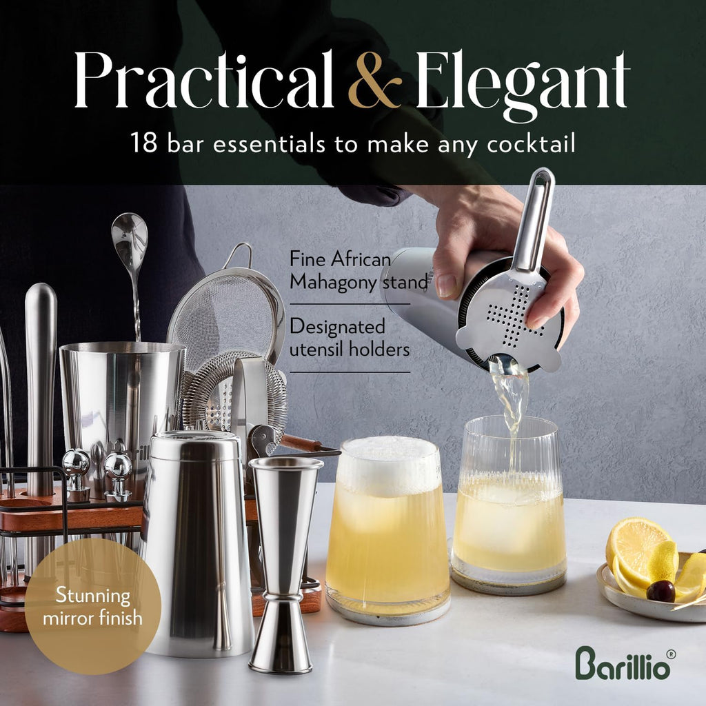 Bartender Kit - 23-Piece Stainless-Steel Cocktail Shaker Set with Premium African Mahogany Stand | Martini Barware