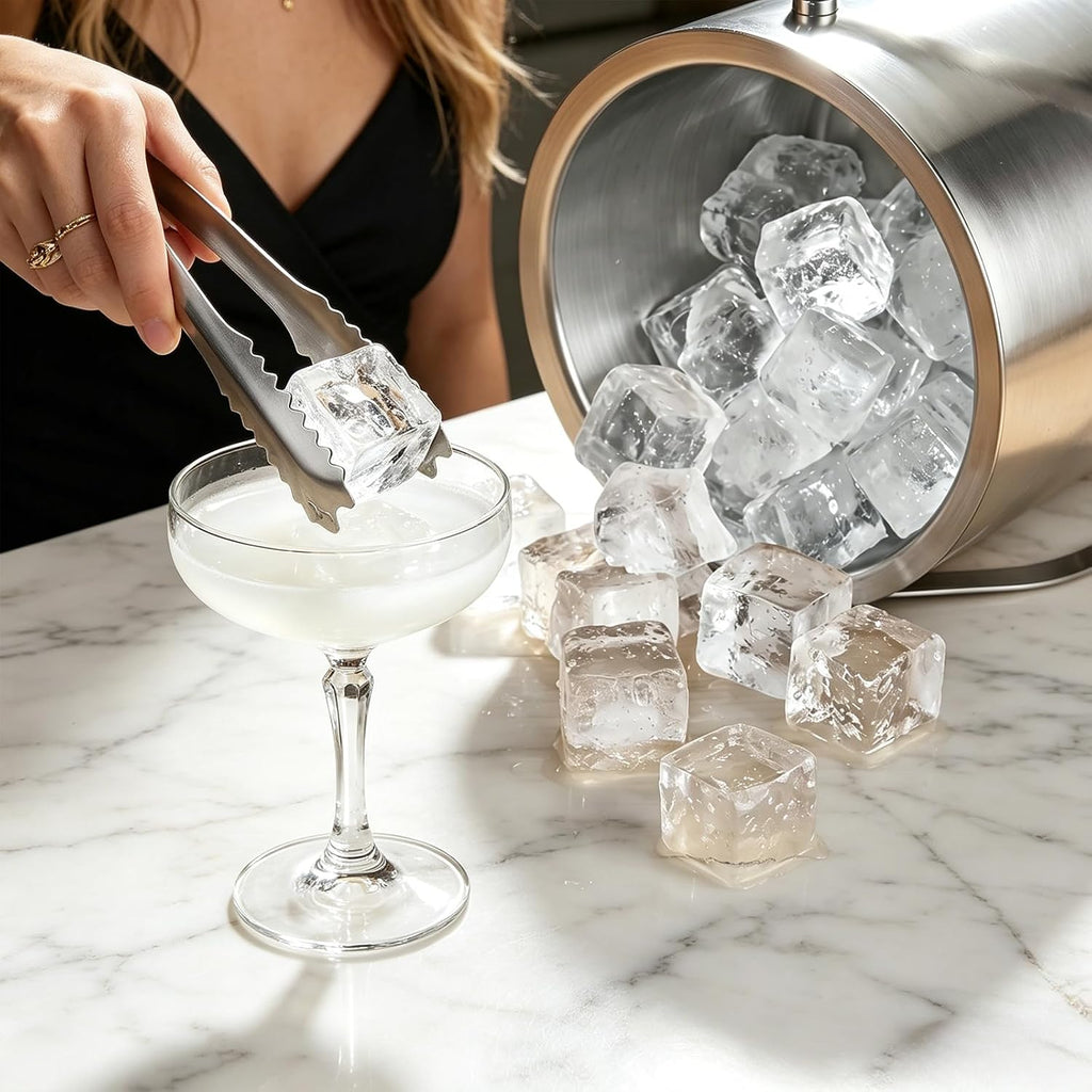 3L Double-Wall Stainless Steel Ice Bucket with Lid, Scoop, Tongs & Handle - Insulated Ice Container for Parties, Bar