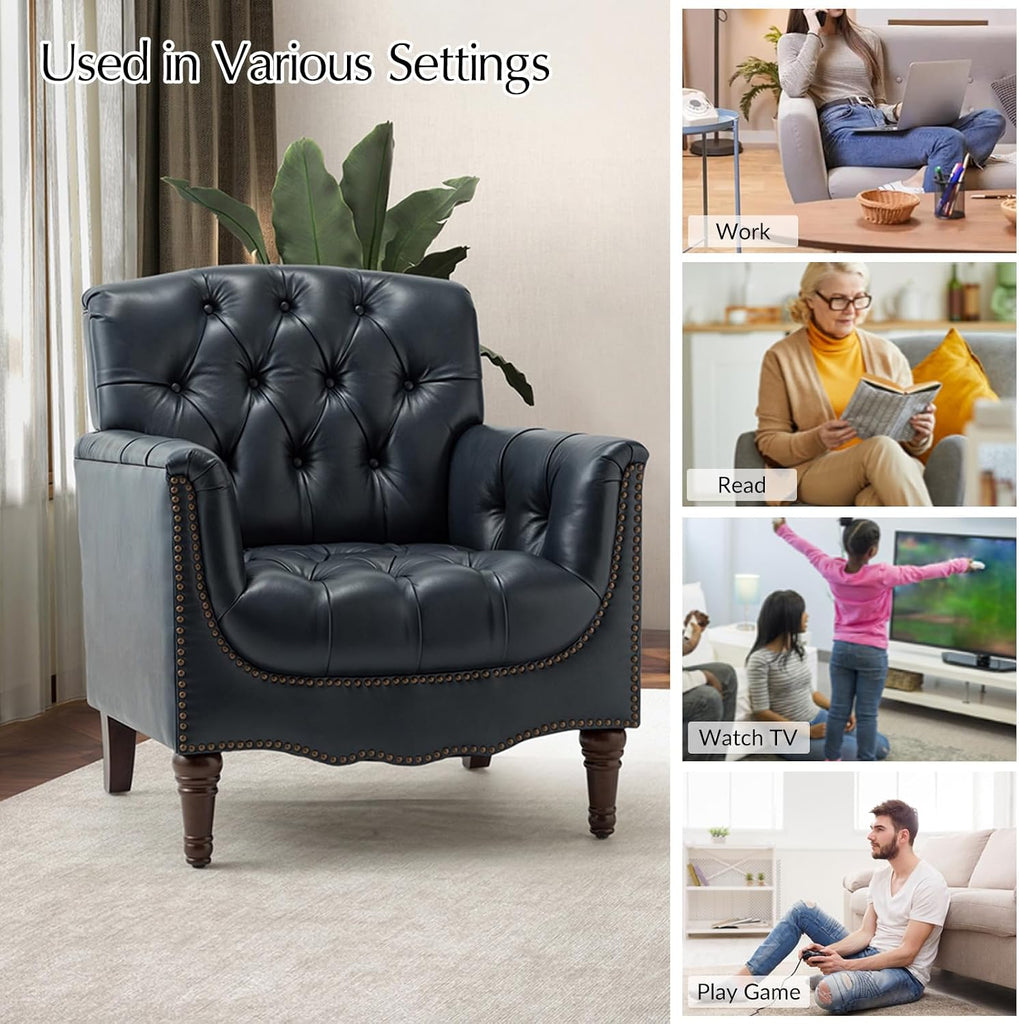 Mid Century Modern Genuine Leather Accent Chair, Navy