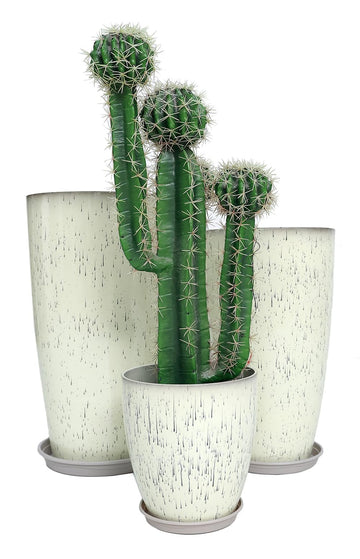 24, 21, 11 Inch Large Plastic Planters with Drainage Hole and Saucer - Set of 3 Tall Plant Pots Indoor Flower Pot Tall