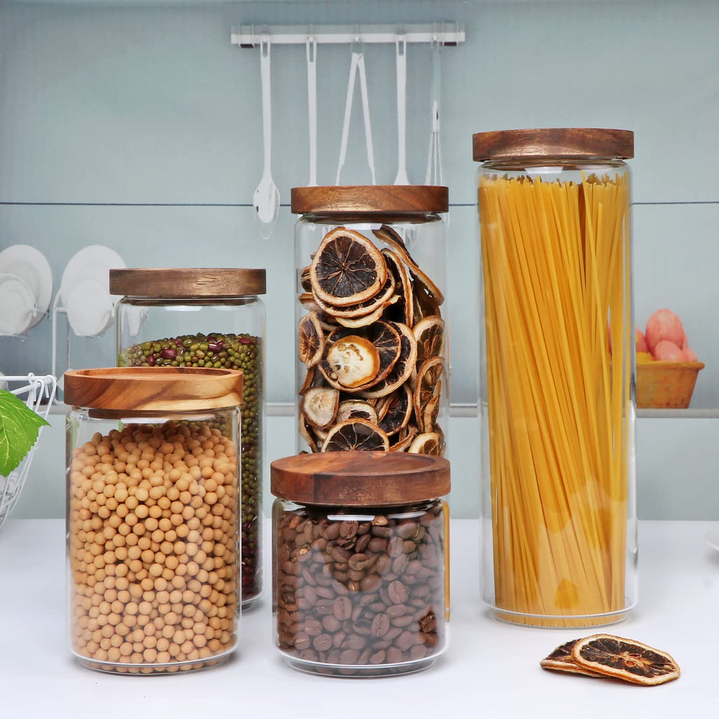 Glass Canisters With Wooden Lids, Kitchen Jars for Storage 5 Pack
