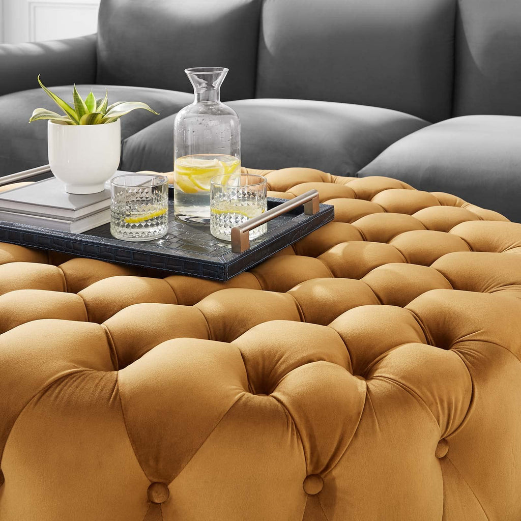 Amour Tufted Button Large Round Performance Velvet Ottoman in Cognac