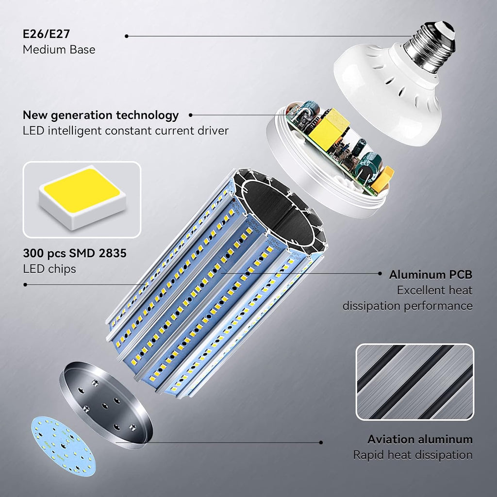 2 Pack 500W Equivalent LED Corn Light Bulb 5500 Lumen 6500K 60W Large Area Cool Daylight White E26/E27 Medium Base