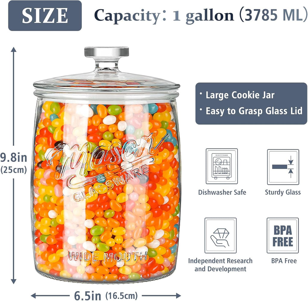 1 Gallon Glass Cookie Jar with Airtight Lid, Wide Mouth Canister