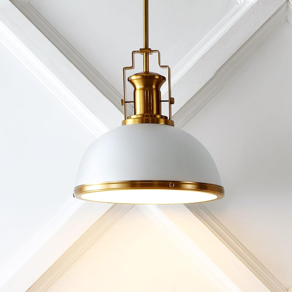 13" Brass Gold/White Modern Industrial Iron LED Dome Pendant Light, Adjustable Hanging Fixture for Kitchen Island or
