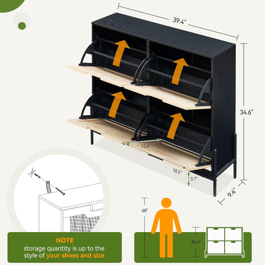 Natural Rattan Flip Drawer Shoe Cabinet Narrow Freestanding Entryway Shoe Storage Organizer Adjustable Shelves Metal