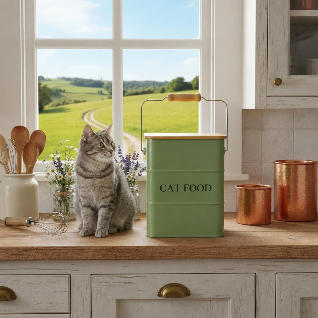 Cat food storage container storage bin with wooden lid scoop included green metal cat food container countertop