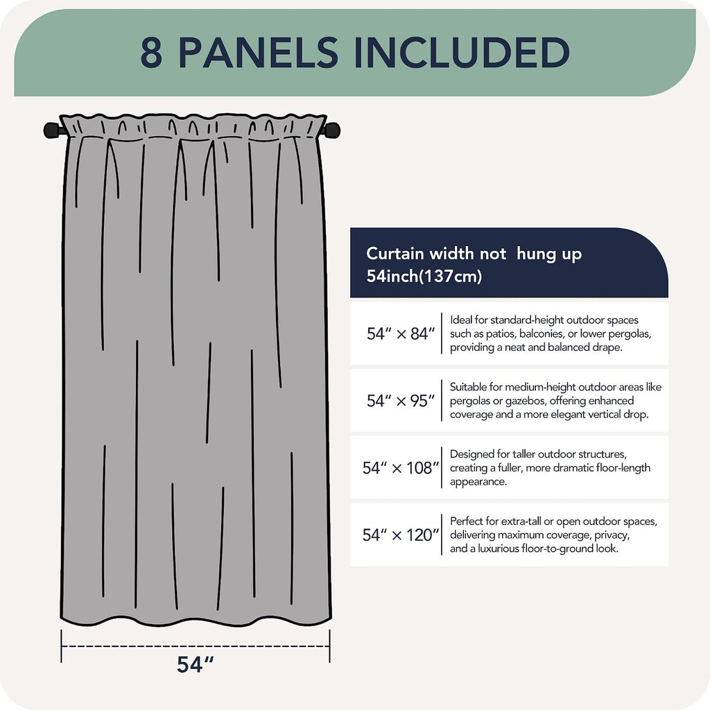 Outdoor Curtains Waterproof, 8 Panels, Rod Pocket | Weatherproof & Privacy Drapes, Outside Curtains for Gazebo