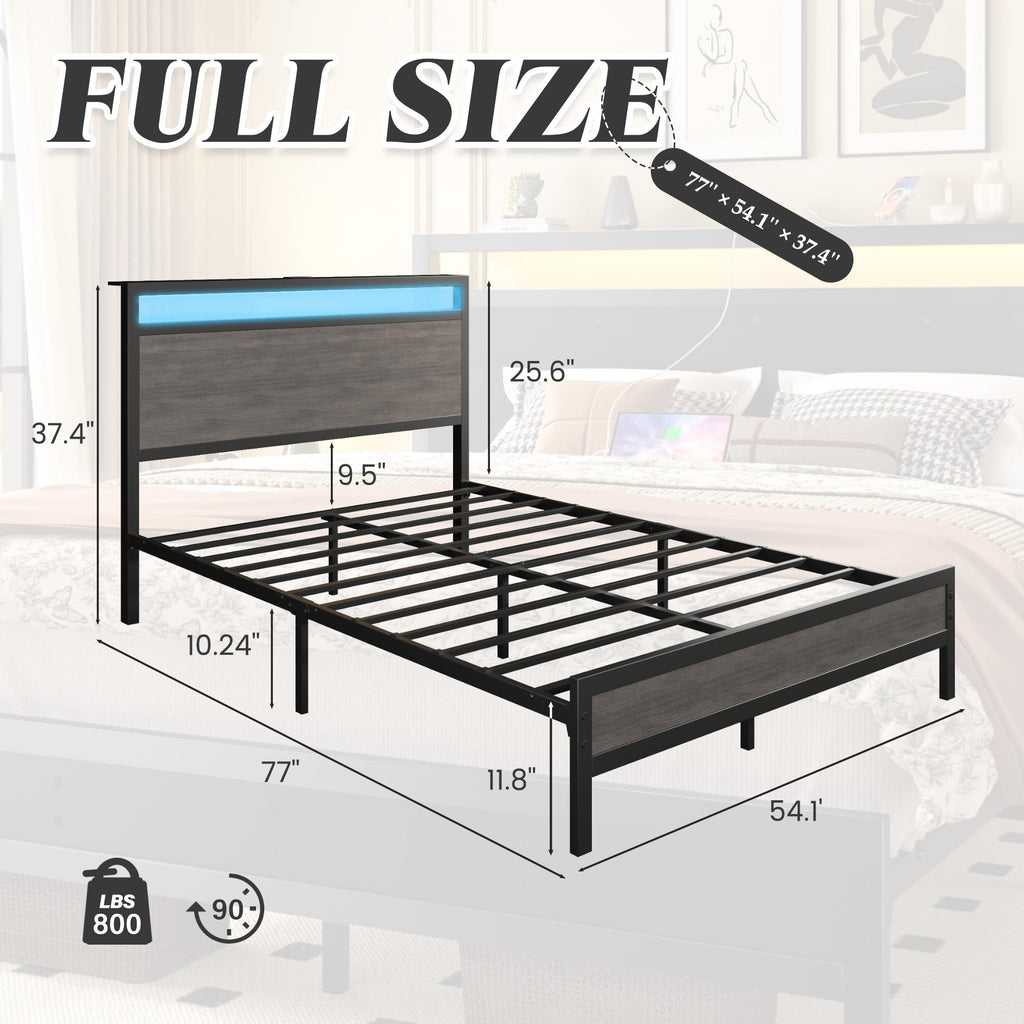 Bed Frame with Headboard & Footboard, Bed Frame with Built-in Charging Station & LED Light, Storage Shelf