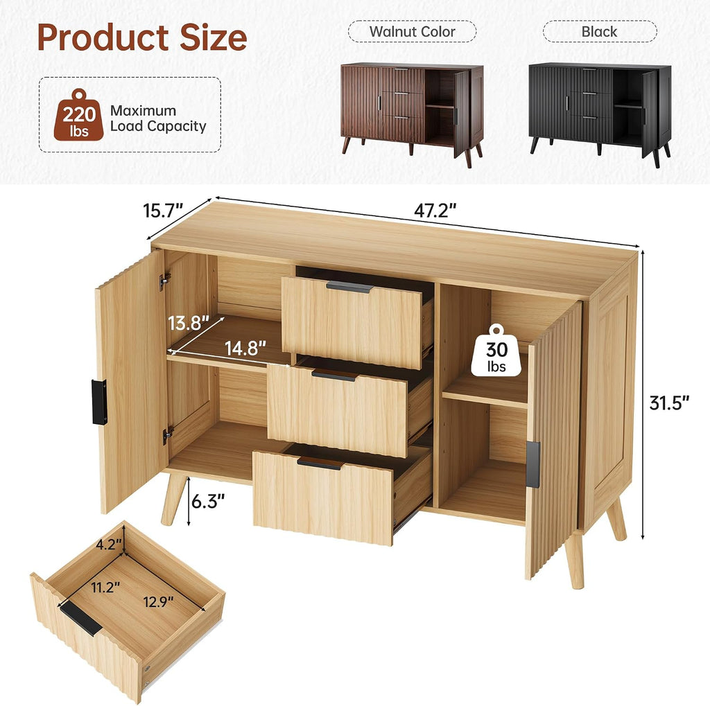 47" Fluted Sideboard Buffet Cabinet with 3 Drawers & 2 Doors - Modern Credenza with Tapered Legs, Natural Wood