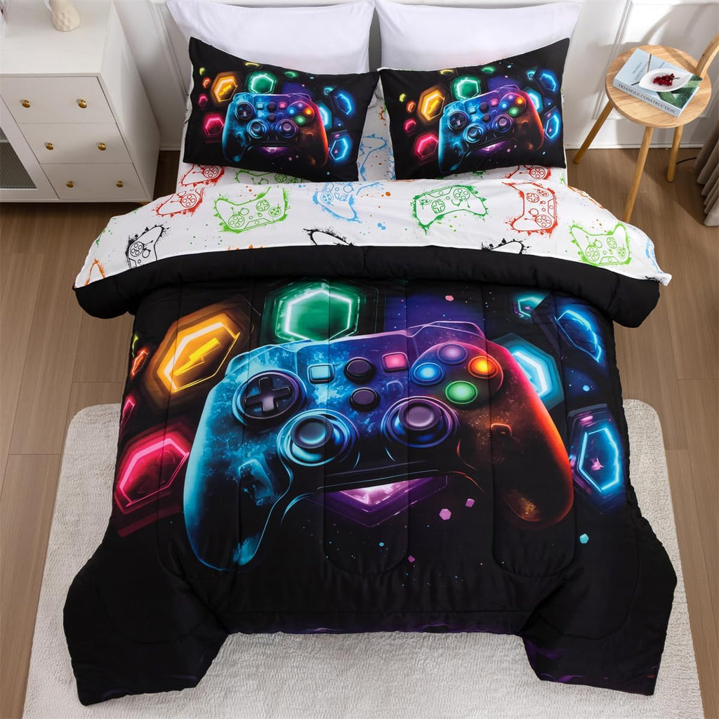 Game Console Comforter Set for Boys Girls Kids Space Universe Gaming Geometric Lightweight Microfiber Gamer Bedding