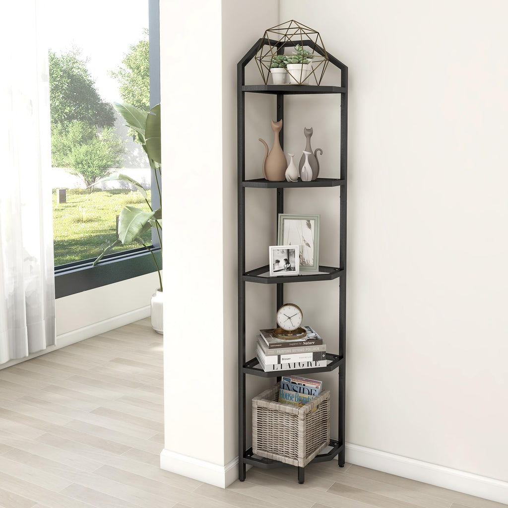 5-Tier Corner Shelf Stand, Black Corner Bookshelf, Bathroom Storage Rack Shelf, Plant Rack, Tempered Glass, Steel