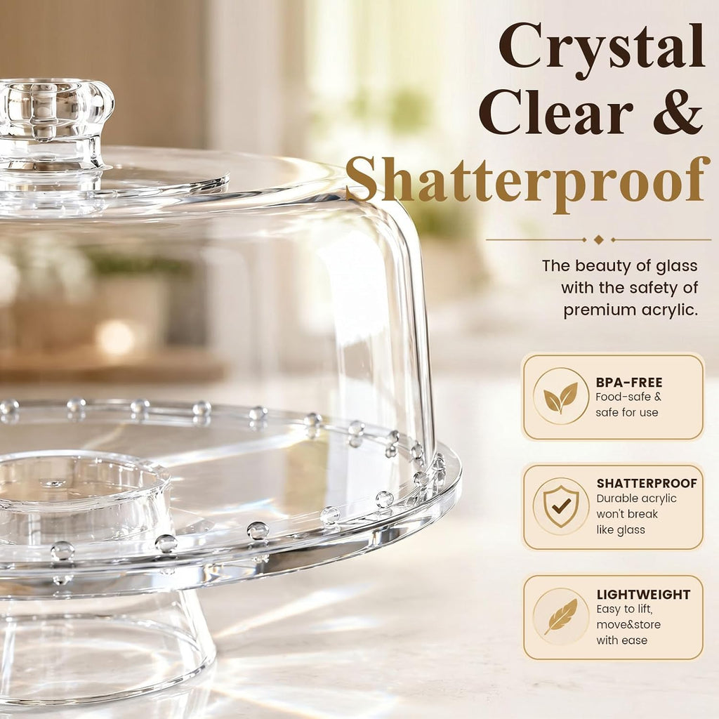 12" Extra Large 6-in-1 Acrylic Cake Stand with Dome Lid, Multifunctional Serving Platter for Cookie, Fruits, Punch