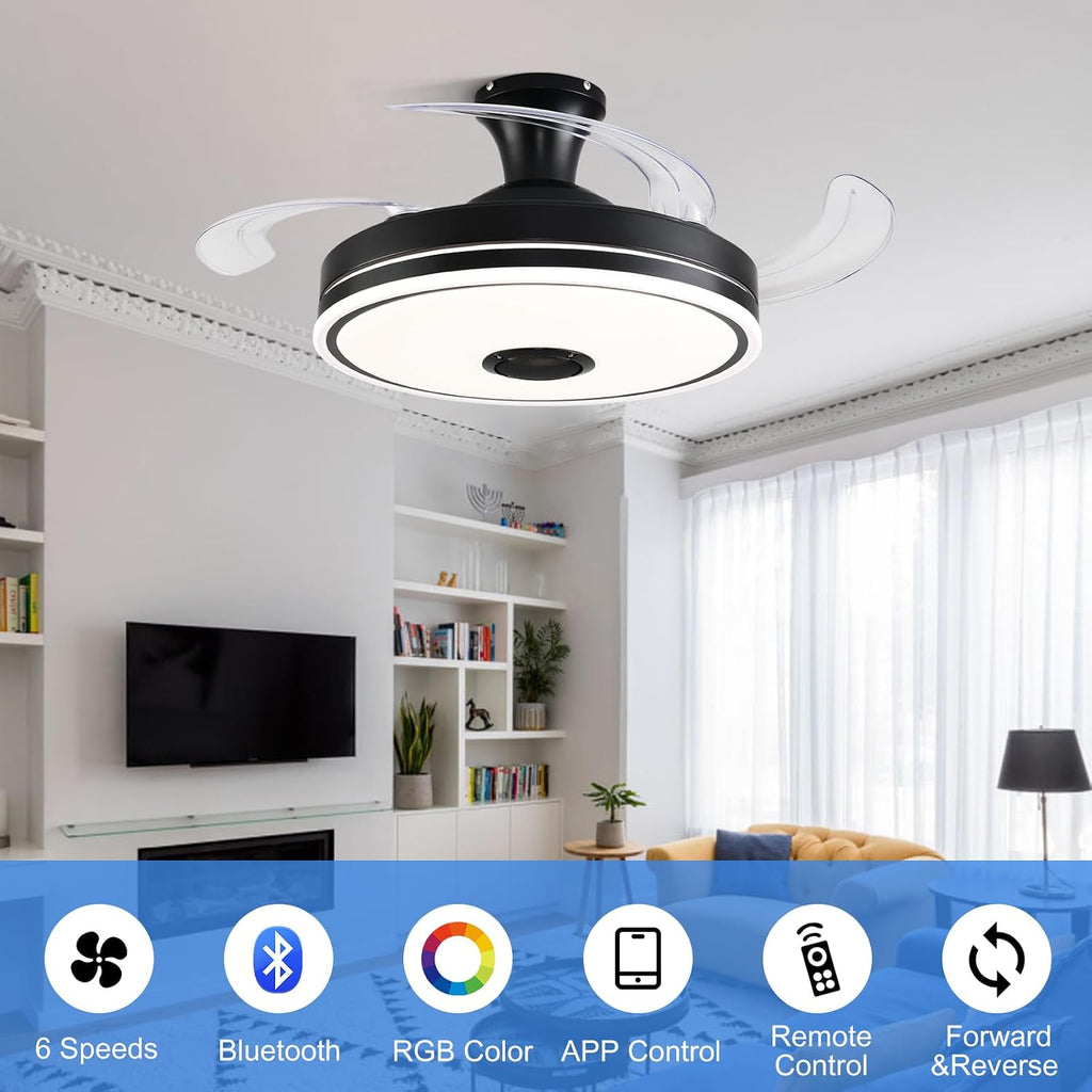 42'' Retractable Ceiling Fan with Lights, Smart Ceiling Fan Light with Bluetooth Speaker, App Control for Dimming &