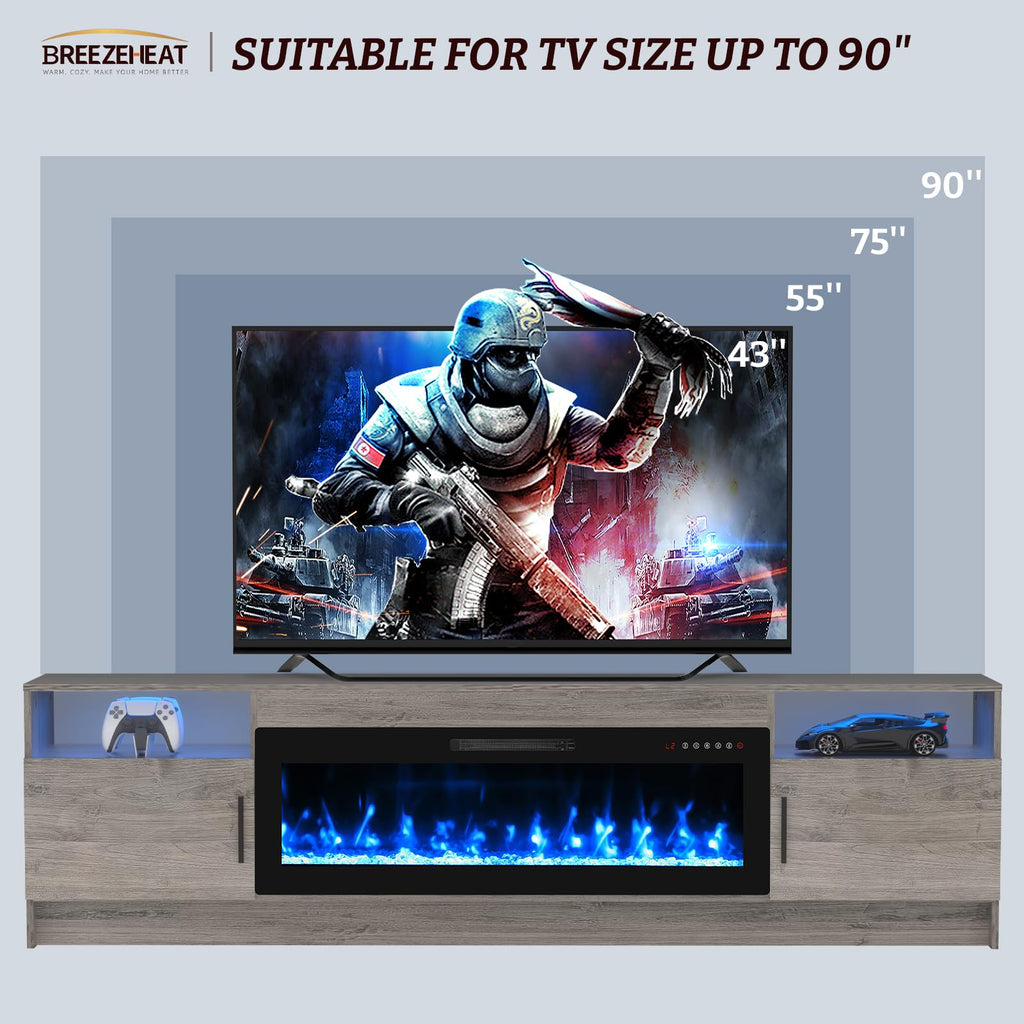 Electric Fireplace TV Stand with 42 inch Fireplace Up to 90" TVs-Led Entertainment Center, High Glossy Doors-80 inch