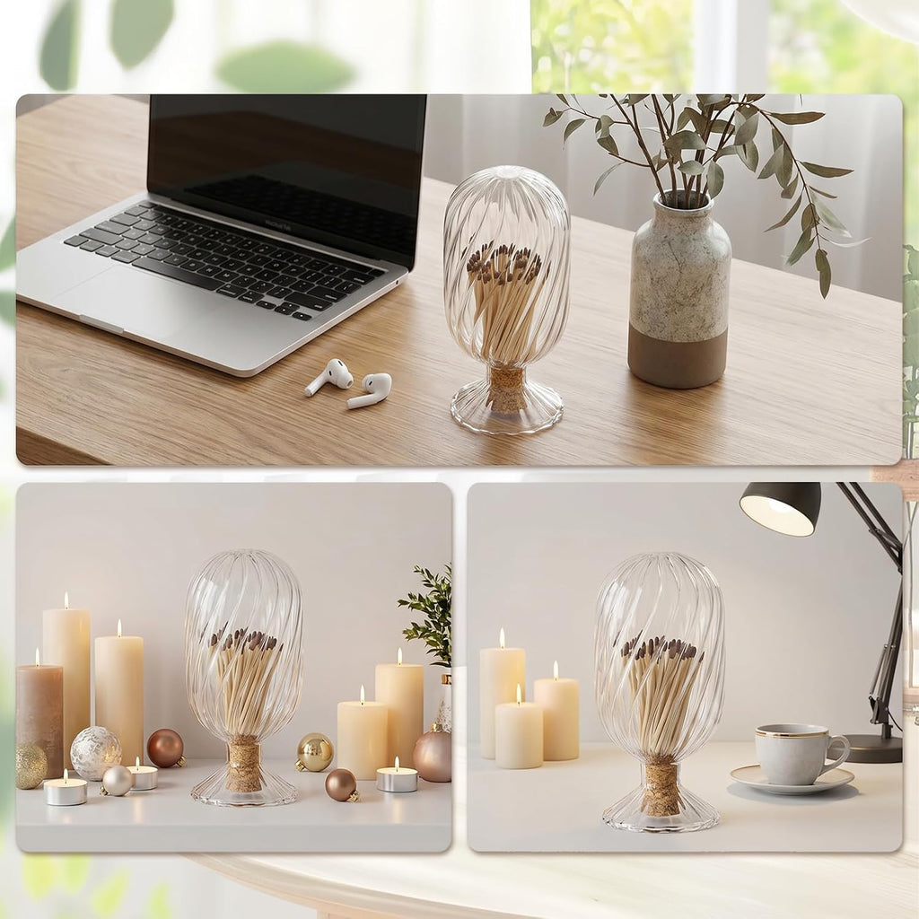 Helix Shaped Glass Matches Cloche Decorative Matches Jar for 4 Inch Candle-Matches Trendy Fireplace Display - Set of 2