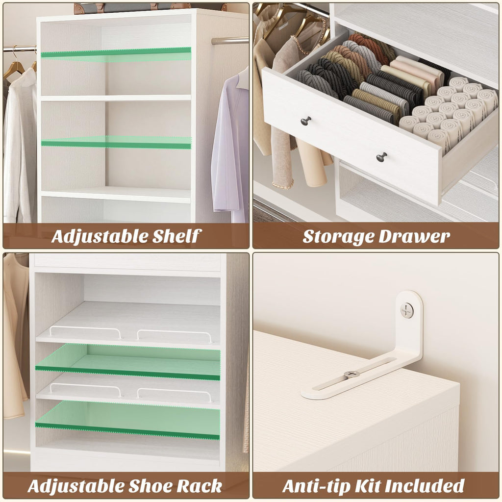 Wood Closet Organizer System - 4FT-9FT Expandable Wardrobe Closet with Drawer & 4 Hanging Rods, Heavy Duty Walk-in