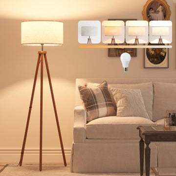 Wood Tripod Floor Lamps, and Office, Standing lamp with Beige Linen Shade, 12W Three-Color Bulb Included, Pull Chain