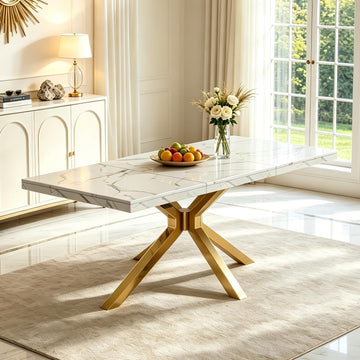Modern White Marble Dining Table for 6 Rectangle 70" Faux Marble Kitchen Table for 4-6 Luxury Dining Room Table with