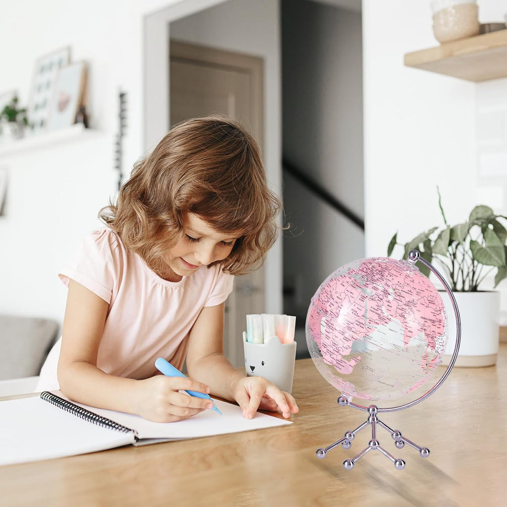 Decorative 8" Pink Earth Globe with Stand - Rotating Desktop Map for Kids, Educational World Globe with Detailed Map
