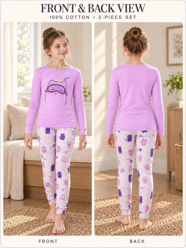 Girls Long Sleeve Piece Cotton Rib-Knit Pajamas Set