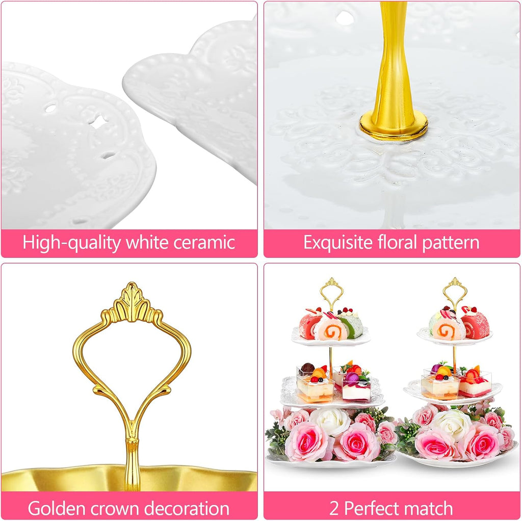 Tier Porcelain Cupcake Stand Round and Square White Ceramic Cake Stand 3 Tier Serving Tray Tiered Dessert - Set of 2
