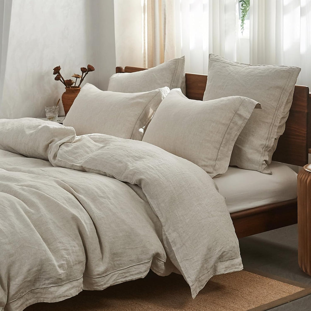 100% Washed Linen Duvet Cover with Embroidered,3 Pieces Soft Farmhouse Comforter Set with Button Closure,1 Duvet