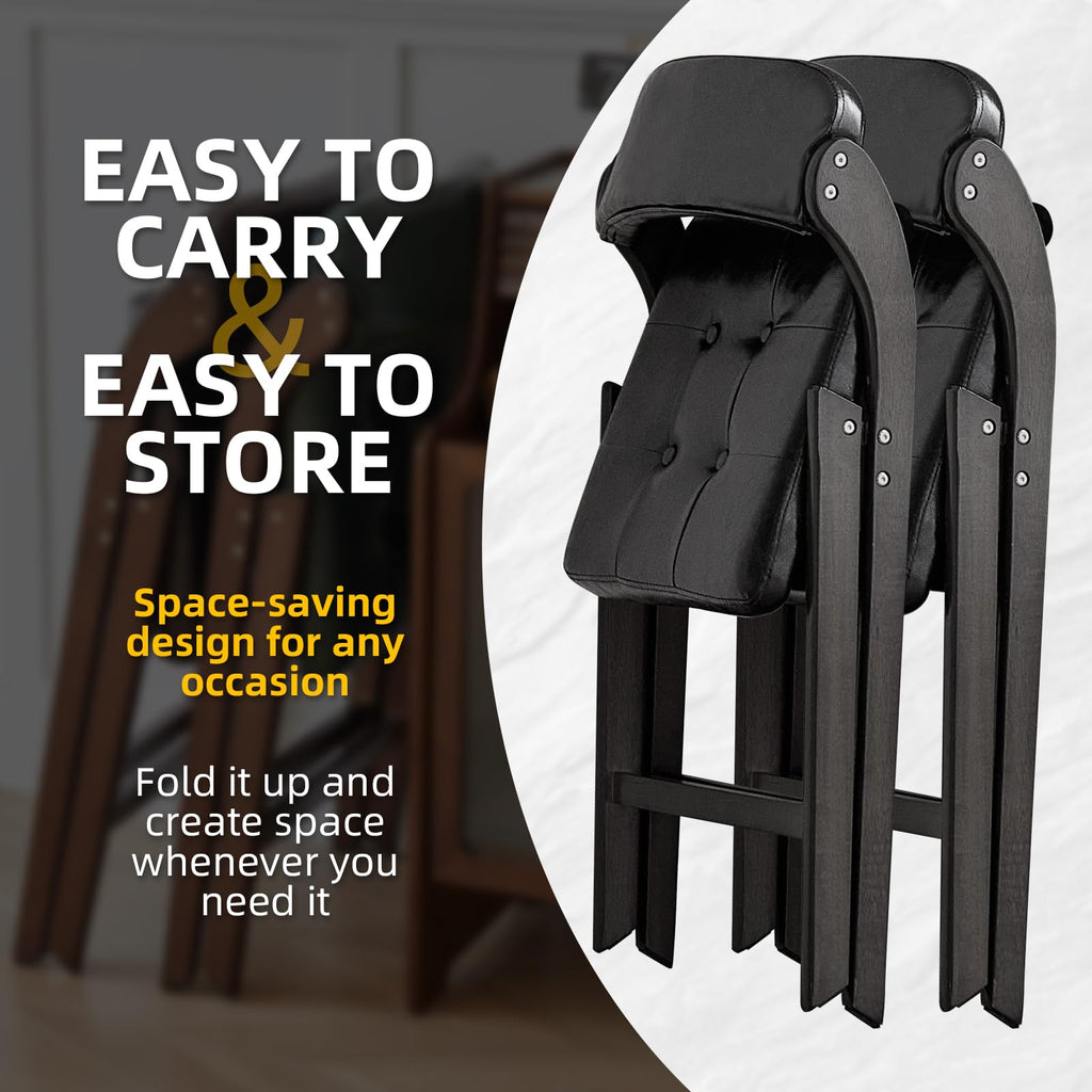 Wooden Folding Chairs Set of 2, Padded Foldable Chairs, Black