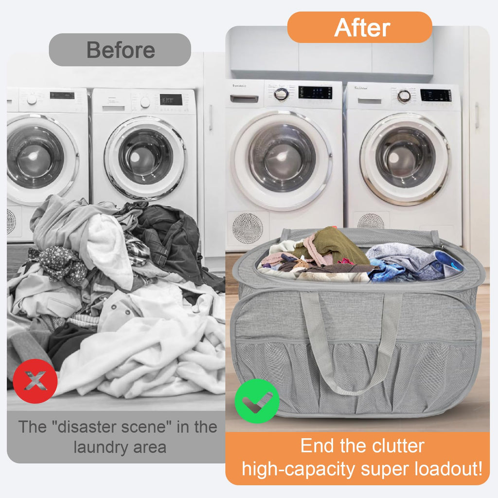 Collapsible Laundry Baskets with Lid, Foldable Laundry Basket with Pockets, Pop Up Laundry Hamper with Dual Handles
