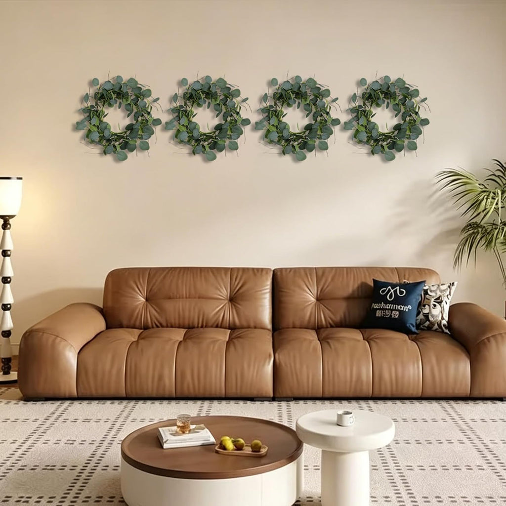 Eucalyptus Leaves Wreath Metal Polyester Green Wreath 15 Inches for The Front Door Décor, 1 Pack