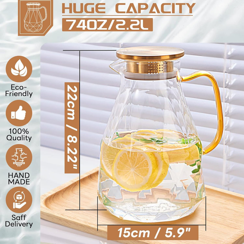 Glass Pitcher, 2.2 Liter Water Pitcher With Lid,Iced Tea Pitcher for Fridge,Carafe With Lid, Glass Water Jug For
